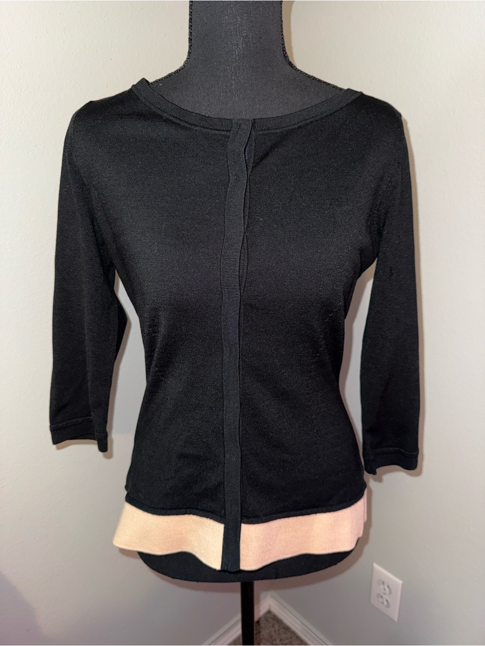 Black Knit Cardigan with Soft Cream Hem